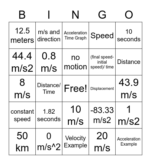 Speed, Velocity, and Acceleration Bingo Card