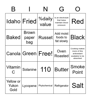 Vegetables Bingo Card