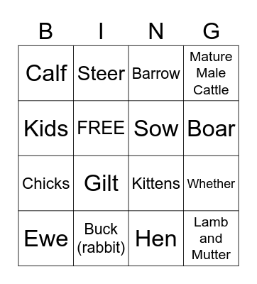 Livestock Bingo Card