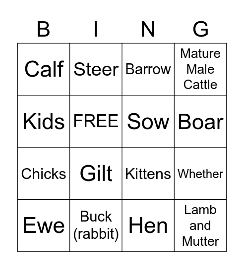 Livestock Bingo Card