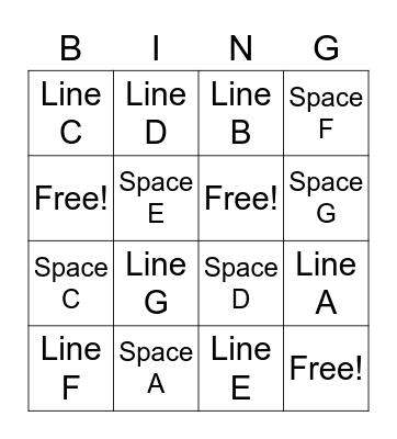 Note Names- Treble Clef Bingo Card