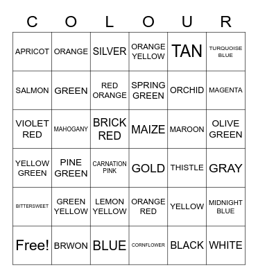 COLOR BINGO Card