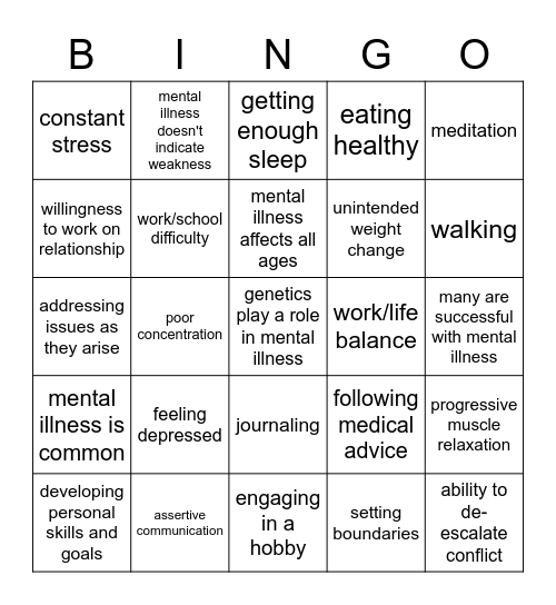 Mental Health Bingo Card