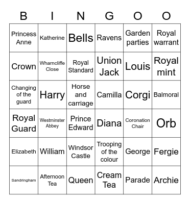 Coronation Bingo Card