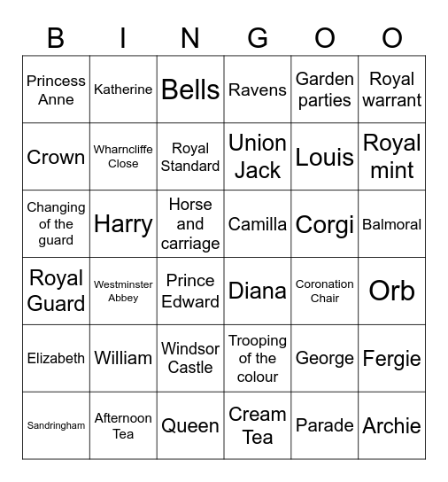 Coronation Bingo Card