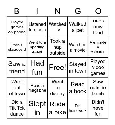 Spring Break Bingo Card