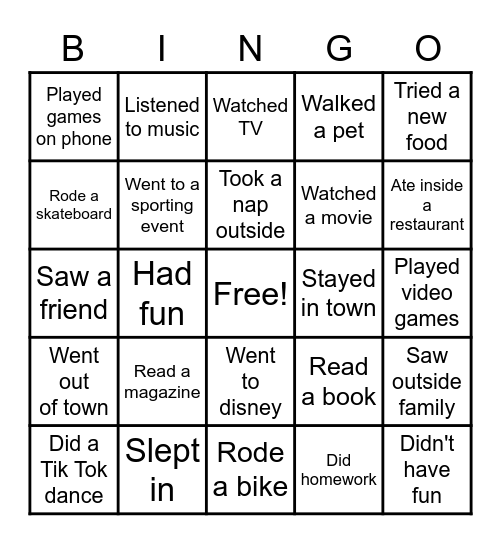 Spring Break Bingo Card