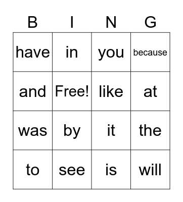 Sight Words Bingo Card