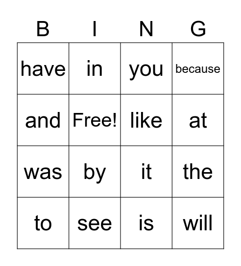 Sight Words Bingo Card