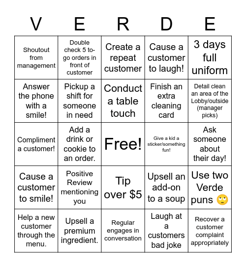 Customer Service Bingo Card