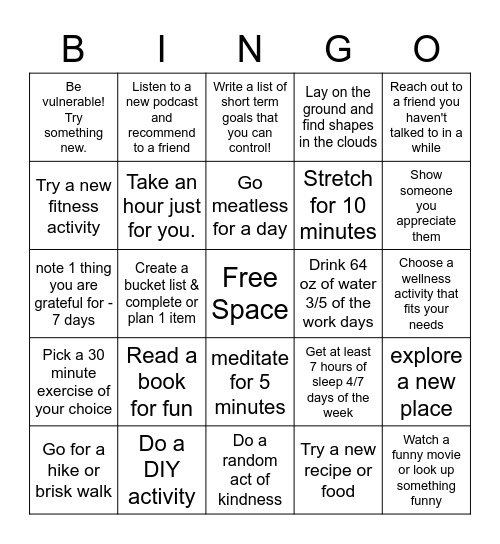RCO Wellness Bingo Card