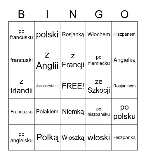 Narodowości, języki (H1L3) Bingo Card
