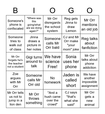 Mr Orr's Fourth Bingo Card