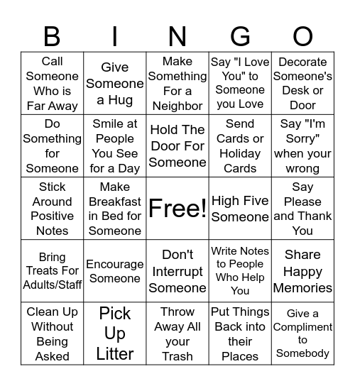 Kindness Bingo Card