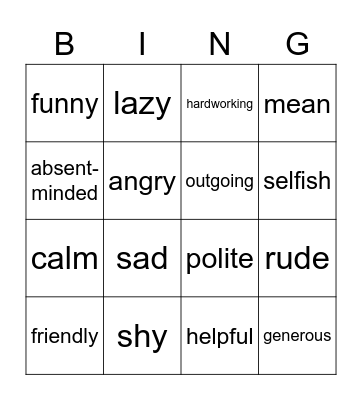Personality Bingo Card
