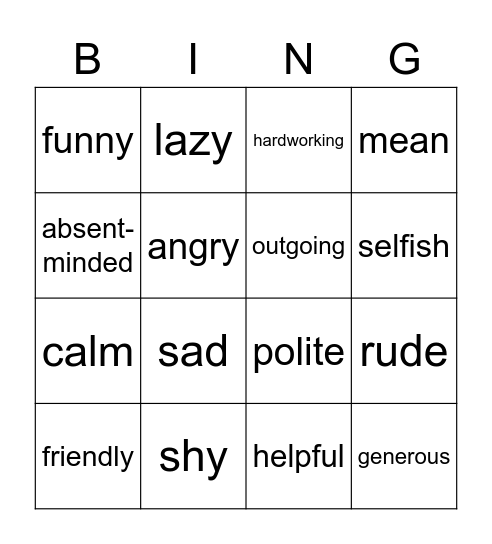 Personality Bingo Card