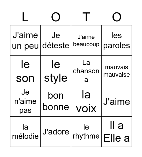 Je l'adore parce que... Bingo Card