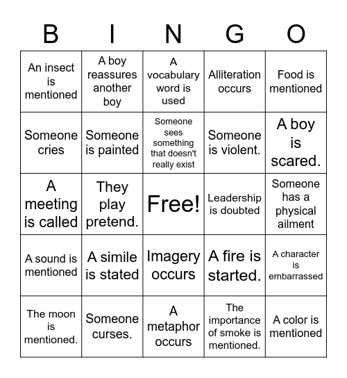 Chapter 7-8 Lord of the Flies Bingo Card