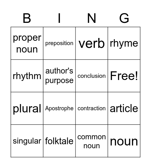 English Vocabulary Bingo Card