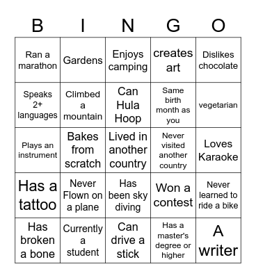 Getting To Know You! Bingo Card