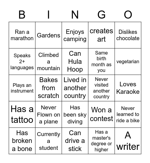 Getting To Know You! Bingo Card