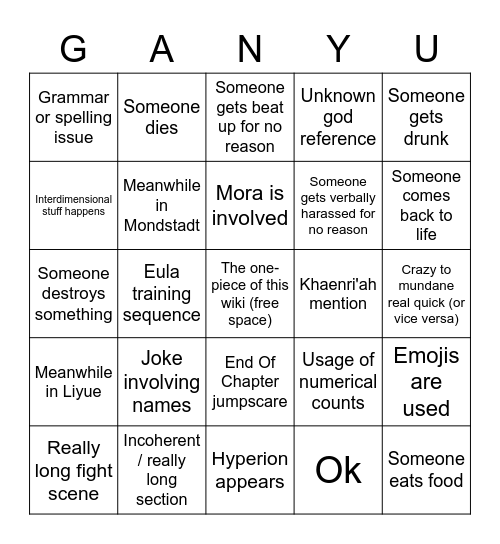 Evil Ganyu Bingo Card