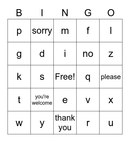 Sign Language - ASL Bingo Card