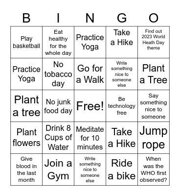World Health Day April 7th 2023 Bingo Card