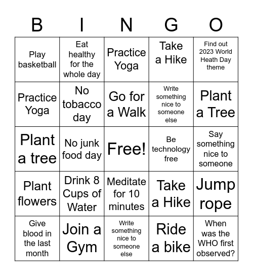 World Health Day April 7th 2023 Bingo Card
