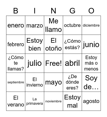 Español Bingo Card