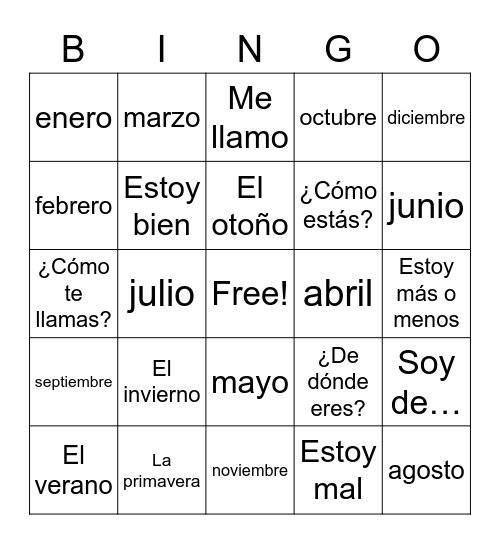 Español Bingo Card