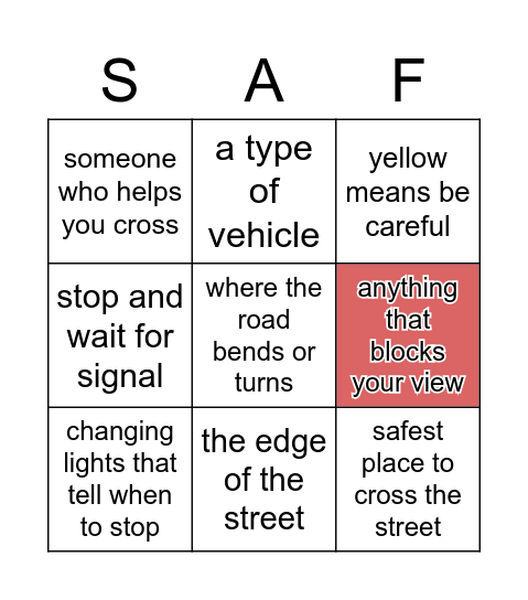 Road Safety Bingo Card