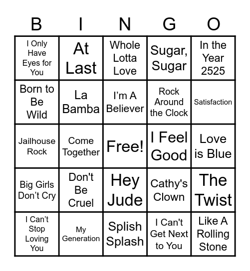 50's and 60's Bingo Playlist Bingo Card