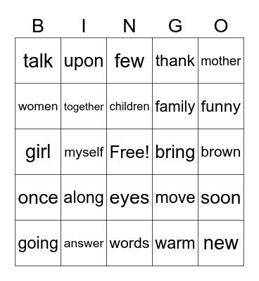 Sight words Module 8 Bingo Card