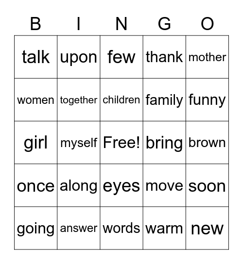 Sight words Module 8 Bingo Card