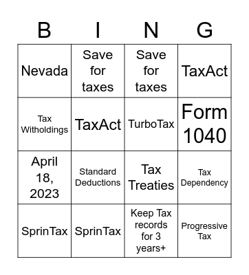 Taxes Bingo Card