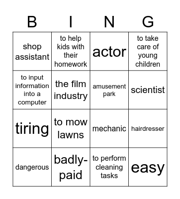 work experience Bingo Card