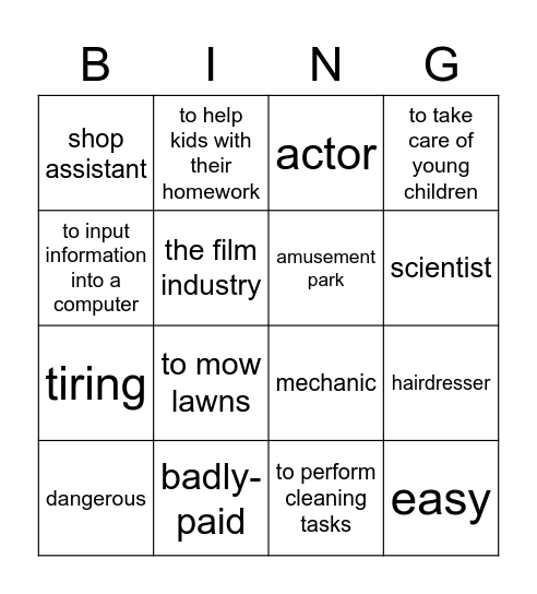 work experience Bingo Card