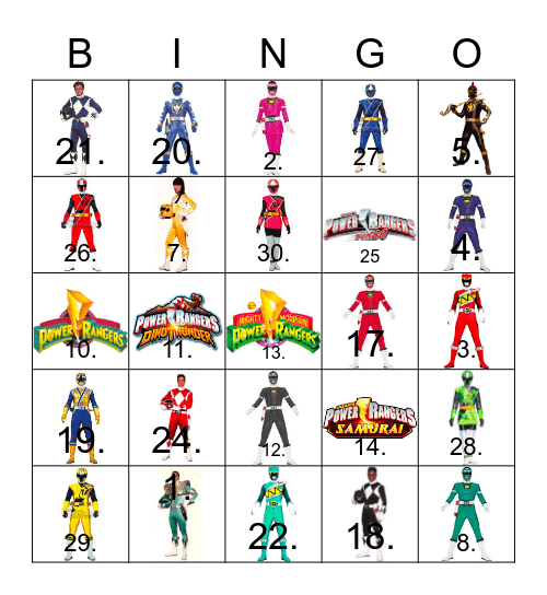 Power Rangers Bingo Card