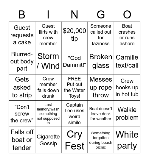 Below Deck Bingo Season 10 Bingo Card