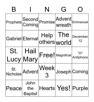 ADVENT Bingo Card