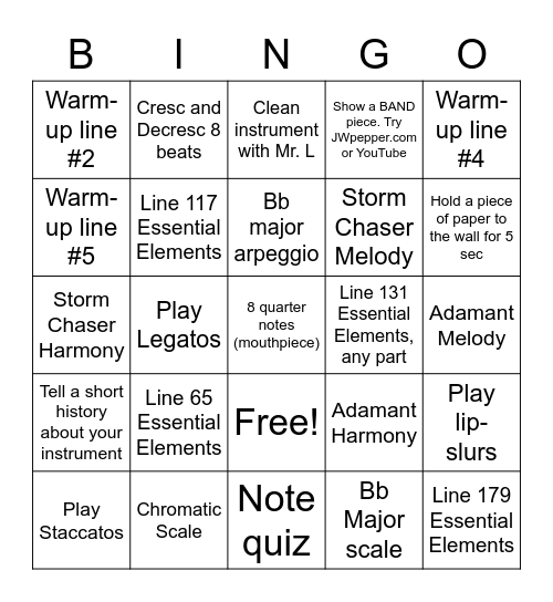 Beginning Band Bingo Card