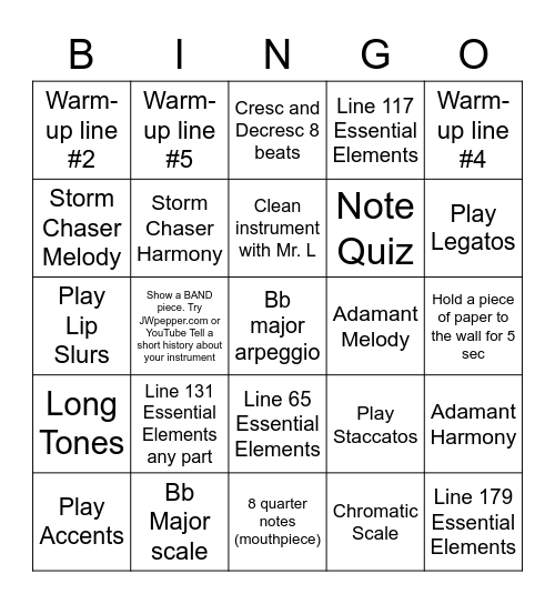 Beginning Band Bingo Card