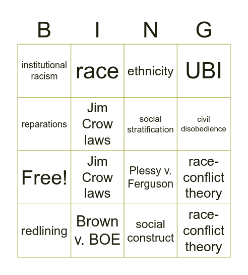 Whitewashing Bingo Card