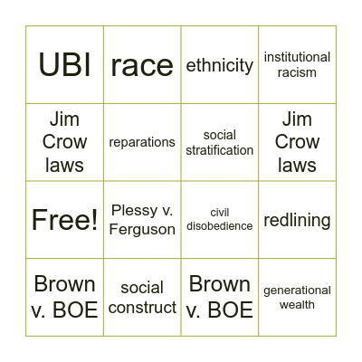 Whitewashing Bingo Card