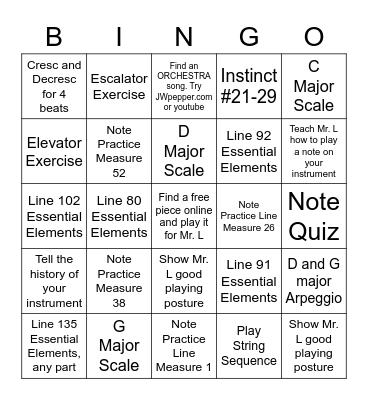 Beginning Orchestra Bingo Card