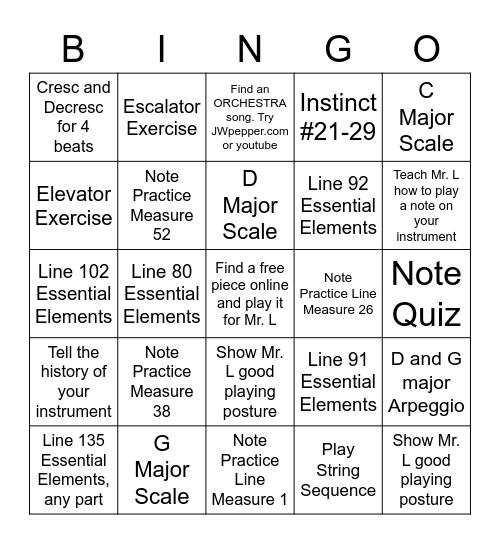 Beginning Orchestra Bingo Card