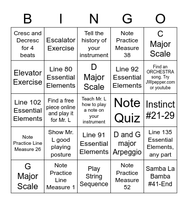 Beginning Orchestra Bingo Card