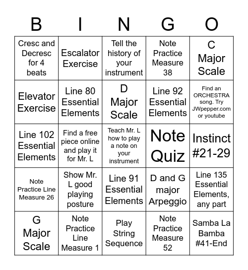 Beginning Orchestra Bingo Card