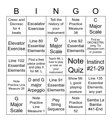 Beginning Orchestra Bingo Card